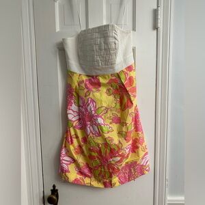 Lilly Pulitzer dress shift floral 6 yellow strapless